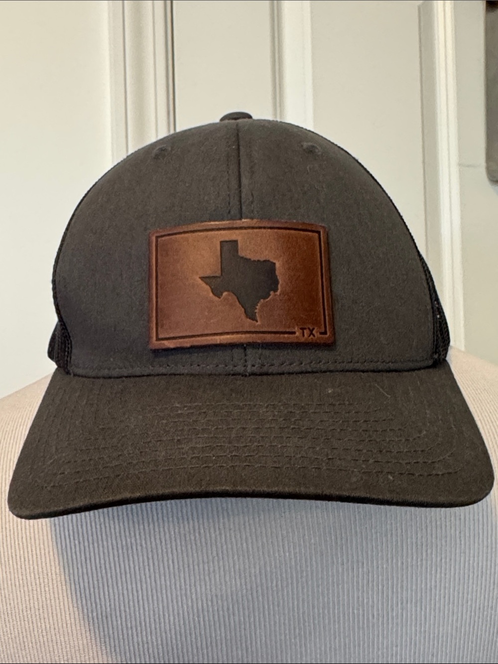 Yupoong Dark Gray Trucker Cap with Brown Texas Leather Patch